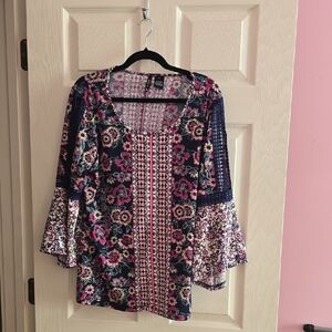 New Directions Multicolor Floral Blouse with Flared Sleeves